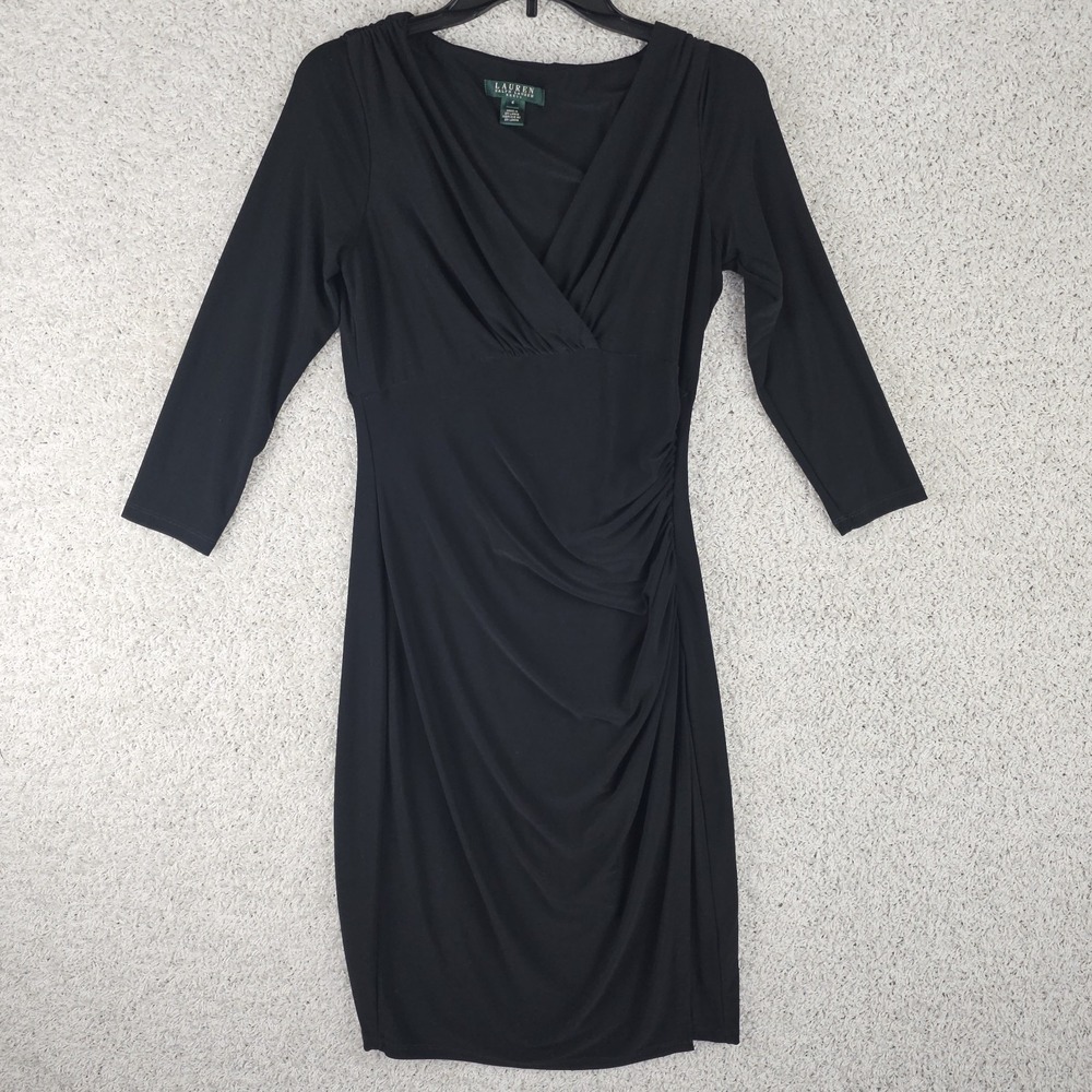 Lauren Ralph Lauren Shirt Dress Womens 4 Long Sleeve V Neck Long Black Maxi